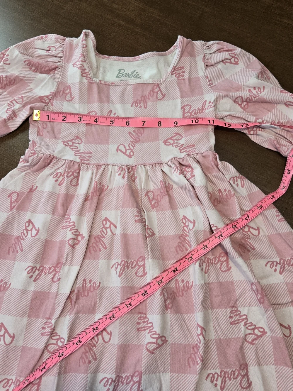 Barbie Girls Pink White Check Logo Graphic Puff Sleeve Fit & Flare Dress Medium